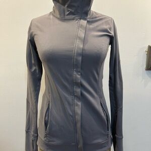 Gray Athletic Jacket with Asymmetrical Zipper and High Collar